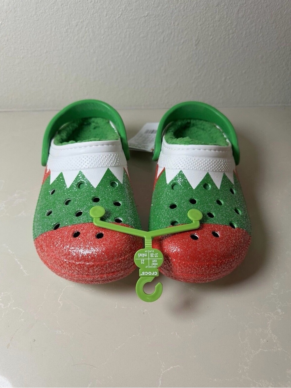 Crocs Classic Lined Holiday Clog Lined Glitter Green/Red/White W7/M5 Slip On